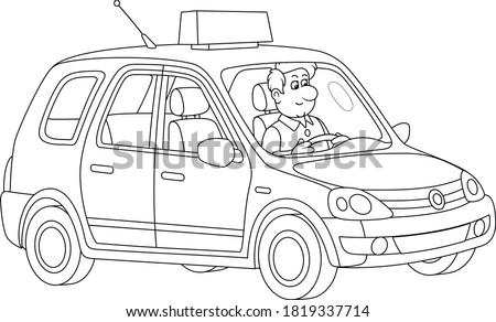 Friendly smiling taxi-driver in his new cab, black and white outline vector cartoon illustration for a coloring book page