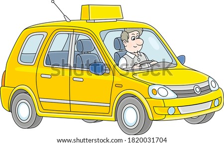 Friendly smiling taxi-driver in his new yellow cab, vector cartoon illustration on a white background