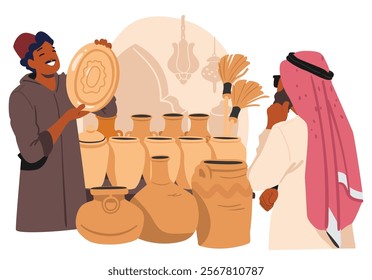 Friendly smiling turkish salesman offering customer traditional ethnic oriental ceramics and pottery at arabic bazaar local fair street market vector illustration. Exotic street shop with souvenirs