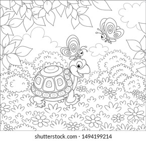 Friendly smiling turtle playing with butterflies on grass of a forest glade on a wonderful summer day, black and white vector illustration in a cartoon style for a coloring book