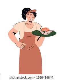 Simpática camarera sonriente sosteniendo una bandeja con comida, ilustración vectorial de dibujos animados aislada en fondo blanco. Trabajador de restaurantes de comida rápida o camarera sirviendo comida.
