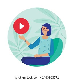 Friendly Smiling Woman Presents New Video Cartoon. Female Developer, Programmer, Designer in Eyeglasses Shows Video App, Online Tutorials or Courses, E-learning. Vector Smart Technology Illustration