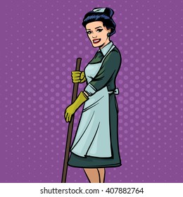 friendly smiling worker, pretty woman, pop art, retro style, cleaning service, vector illustration