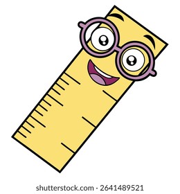 A friendly, smiling yellow cartoon ruler sporting pink glasses adds a touch of charm. Its cheerful expression makes measurement fun with a vibrant visual.