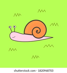 El caracol agradable sobre el césped del jardín. Ilustración animal.