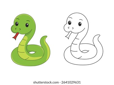 Friendly snake coloring page for kids. Cartoon reptile drawn in doodle style, perfect for preschool learning, jungle-themed activities, printable educational sheets, and children’s coloring books