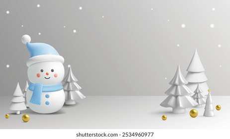 A friendly snowman in a blue hat and scarf stands amid white Christmas trees, with golden ornaments and gentle snowflakes falling. Perfect for festive and seasonal winter designs.