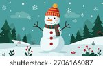 A friendly snowman with a carrot nose, button eyes, and a striped hat and scarf stands in a snow-covered forest with falling snowflakes.