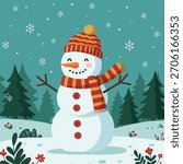 A friendly snowman with a carrot nose, button eyes, and a red and yellow striped scarf and hat, standing in a winter forest with snow falling.
