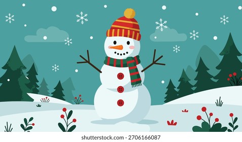 Un simpático muñeco de nieve con una nariz de zanahoria, ojos de Botón y un sombrero y una bufanda a rayas se encuentra en un bosque cubierto de nieve con copos de nieve que caen.