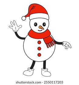 Friendly snowman in red hat with scarf