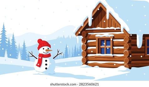 Friendly snowman standing next to rustic log cabin covered in deep snow during winter snowfall in forest for holiday and seasonal greeting cards.