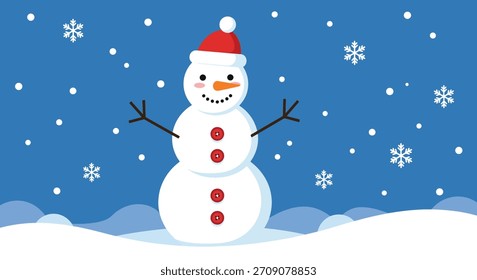 Un simpático muñeco de nieve con tres Botones rojos, brazos de ramita y nariz de zanahoria, rodeado de copos de nieve que caen.