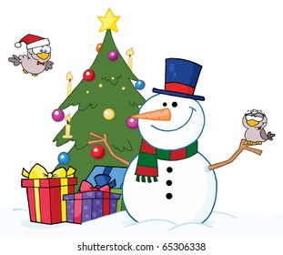 Friendly Snowman With A Two Cute Birds And Christmas Tree