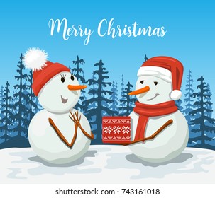 Friendly Snowmen in a santa hat. Smiling Frosty with a gift box. Snow woman. Winter landscape with forest silhouette. Vector illustration. Sky, snow, drift, flurry, fir, snowflakes, scarf. For print