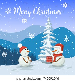 Friendly Snowmen in a santa hat. Smiling Frosty with a gift box. Snowwoman. View of of Winter landscape