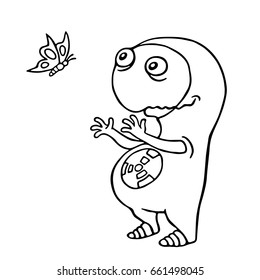 Friendly space alien enjoy the butterfly. Vector illustration. Funny cute imaginary character.