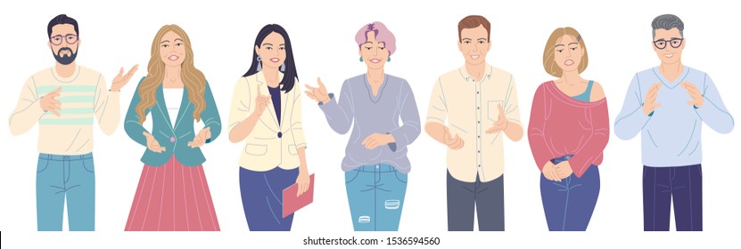 Friendly speaking men and women cartoon characters in strict and casual clothes isolated on white. Concept of young team at lecture, workshop, seminar. Group of people vector flat illustration.