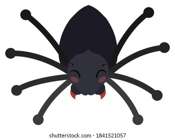Friendly spider with dark body and closed eyes in flat style, isolated over white background.