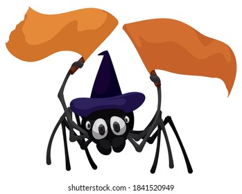 Friendly spider wearing a witch pointy hat and holding a couple of flags, to animate this Halloween.