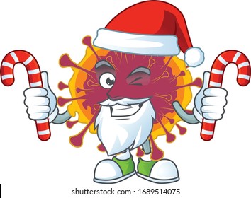 Friendly spreading coronavirus in Santa Cartoon character with candies