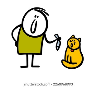 Friendly stick fugure man master feeds  his cute cat pet with fresh fish. Vector illustration of man and domestic animal.