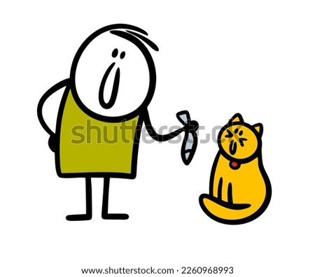 Friendly stick fugure man master feeds  his cute cat pet with fresh fish. Vector illustration of man and domestic animal.