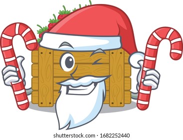 Friendly strawberry fruit box in Santa Cartoon character having candies