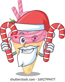 Friendly strawberry ice cream in Santa Cartoon character holds Christmas candies