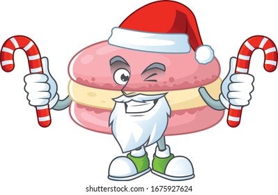 Friendly strawberry macarons in Santa Cartoon character with candies