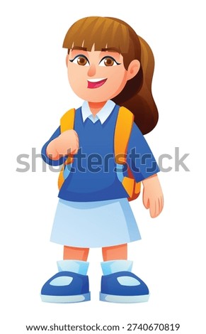 Friendly student with a ponytail standing with a backpack for school. Vector cartoon character illustration