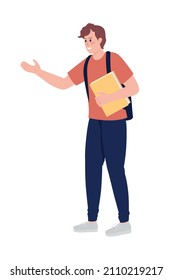 Friendly student semi flat color vector character. Posing figure. Full body person on white. Smiling schoolboy isolated modern cartoon style illustration for graphic design and animation