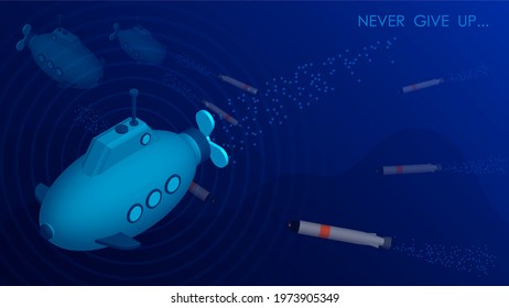 friendly submarines rescue an ally from torpedo attack. Navy forces, submarine fleet. Vector