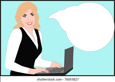 The friendly, Successful young business lady smiling with a laptop, a vector image on a blue background, isolated