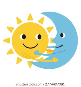 Friendly sun character hugging a smiling moon character in a celestial embrace.