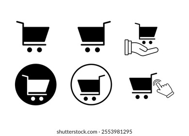 Friendly supermarket cart icons set for children's products, Unique shaped supermarket cart icons set for memorable branding, discount, shopping bag, customer, merchandise, essentials, delivery