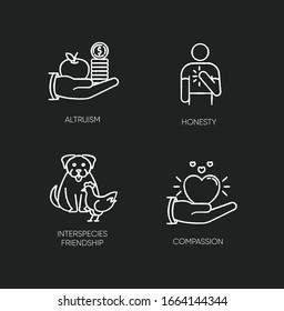 Friendly support chalk white icons set on black background. Interpersonal relationship. Altruism, honesty, interspecies friendship and compassion. Isolated vector chalkboard illustrations