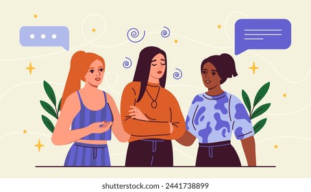 Friendly support concept. Women care about girl. Emotional and psychological aid. Bad feelings, frustration and depression. Cartoon flat vector illustration isolated on yellow background