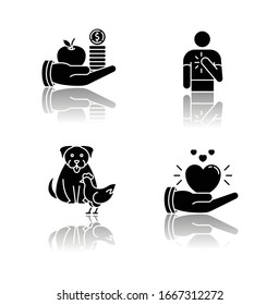 Friendly support drop shadow black glyph icons set. Interpersonal relationship symbols. Altruism, honesty, interspecies friendship and compassion. Isolated vector illustrations on white space