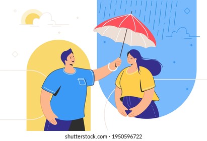 Friendly support and mental aid for distance relationships. Young man holding red umbrella and helping his female friend to cope stress or depression. Friend support and remote psychological help