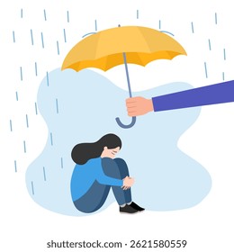 
Asistencia amistosa y ayuda mental para las relaciones a distancia. Hombre joven que sostiene el paraguas rojo y que ayuda a su amigo femenino a hacer frente al estrés o a la depresión. Asistencia de amigos y ayuda psicológica remota