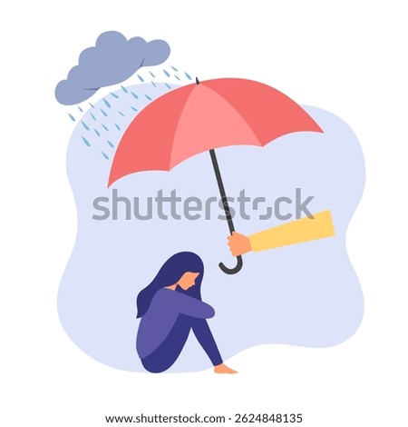 Friendly support and mental aid. Hand holding umbrella and helping female friend to cope stress or depression. Friend support and psychological help.
