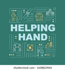 Friendly support word concepts banner. Volunteering and charity. Selfless help. Infographics with linear icons on green background. Isolated typography. Vector outline RGB color illustration