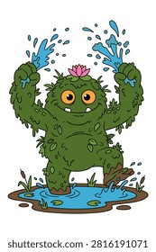 Friendly swamp monster playing in marsh water with lotus flower and cattails vector flat graphic.