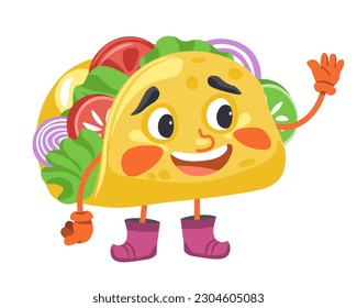 Friendly taco Mexican food and dishes character with smiling face. Isolated personage with vegetable filling, salad leaves and onion, tomato and cucumber, waving hand. Vector in flat style emoticon