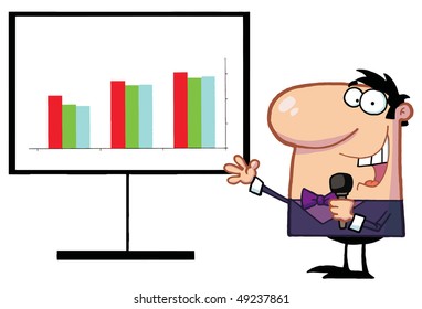 Friendly Talk Show Host Man Beside A Bar Graph Board