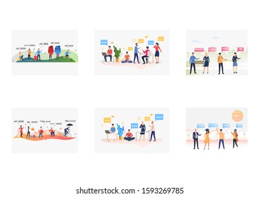 Friendly talks set. People talking to each other, greeting, using mobile apps. Flat vector illustrations. Communication concept for banner, website design or landing web page