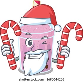 Té de burbuja de taro amistoso en el personaje de Santa Cartoon sostiene caramelos de Navidad