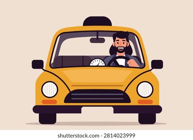 Friendly taxi driver with a beard and long hair smiles while sitting behind the wheel of his classic yellow car.