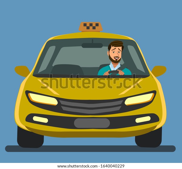 Friendly taxi driver at the car. Taxi\
service. Vector\
illustration